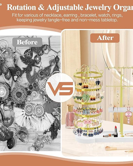 Jewelry Earring Holder Organizer, Adjustable 5 Tiers Rotating Earring Holder 3 Tier Necklace Holder with Wooden Base, Multi-Functional Jewelry Organizer Display Stand for Studs Bracelet Women(Gold)