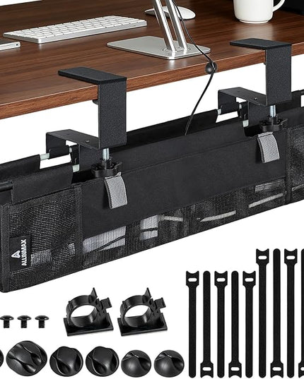 Under Desk Cable Organizer with Mesh Slot for Ventilation, Quick Mount with Clamp or Screws to Hold Fabric Cable Tray, Kit for Tidy Cord & Wire Management for Home Office Standing Desk