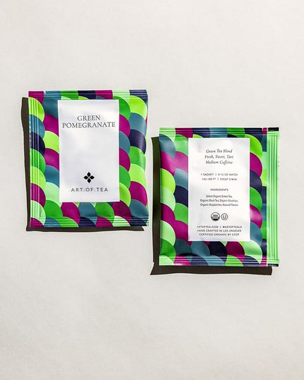 Art of Tea | Organic Green Pomegranate Tea| 50 Eco Friendly Pyramid Tea Bag Sachets