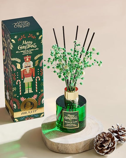 Airkeep Christmas Reed Diffuser Set,3.38 fl oz (100 ml) Reed Diffuser - Balsam&Cedar Oil Diffusers with 8 Reed Sticks, Home Fragrance Reed Diffuser for Bathroom Shelf Decor