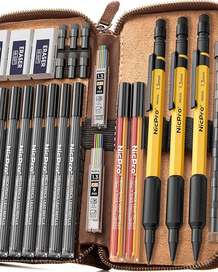 Nicpro 21PCS 1.3 mm Mechanical Pencil Set in Leather Bag with 138 Lead Refill, Eraser, Eraser Refills - Weatherproof Metal Barrel, Heavy Duty Carpenter Pencil for Outdoor Marking Drawing Woodworking