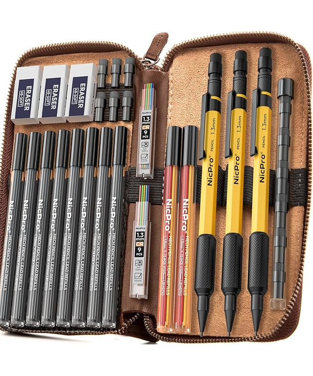 Nicpro 21PCS 1.3 mm Mechanical Pencil Set in Leather Bag with 138 Lead Refill, Eraser, Eraser Refills - Weatherproof Metal Barrel, Heavy Duty Carpenter Pencil for Outdoor Marking Drawing Woodworking