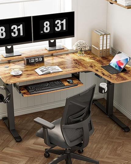 EUREKA ERGONOMIC Standing Desk with Keyboard Tray, Computer Desk, 61" L Shaped Electric Adjustable Height Desk w Monitor Stand LED, Corner Sit Stand Desk Gaming Desk, Dual Motor,Right/Rustic Brown