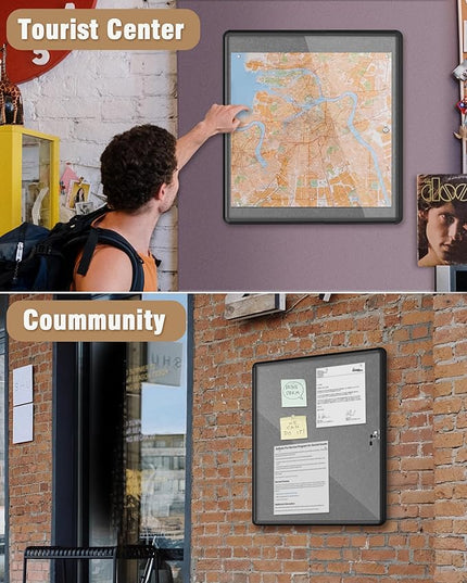 Mifuro 28"x26" Enclosed Bulletin Board, Lockable Weather-Resistant Aluminum Cork Noticeboard for School & Office, Black Frame w/Grey Flet