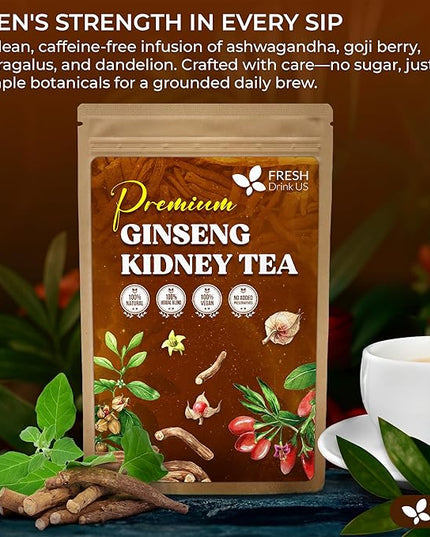 FreshDrinkUS, Ginseng 6 Treasures Kidney Tea, 30 Packs Of Super Kidney Cleanse Detox Tea For Men & Women, 100% Natural Roots & Berries | Caffeine-Free | Adaptogenic Blend for Energy, Wellness & Vitality Support