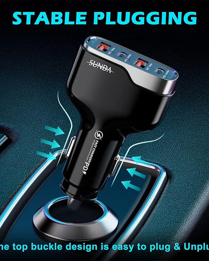 SUNDA 60W USB C Fast Car Charger | 4-Ports Car Charger Adapter | Dual Type C PD30W/PPS30W Compatible with iPhone17/16 Pro/Max/iPhone15/Galaxy/SamsungS25 | Dual USB-A 18W QC3.0 for Android(Black)