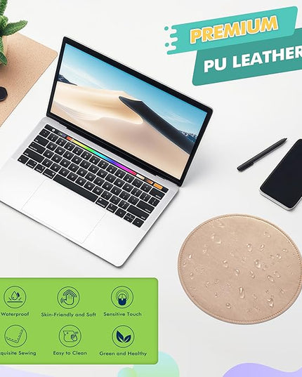 PU Leather Mouse Pad With Stitched Edge Micro-Fiber Base - Non-Slip Waterproof for Computers, Laptop - Round 9 x 9 Inch (Champagne Gold)