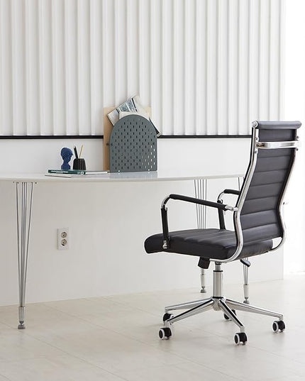Livinia Modern Executive Office Desk Chair, Chrome & Leather Conference Room Swivel Chairs with Ribbed High Back, Adjustable Height, Removable Armrest, and Wheels for Home Office (Black(Chrome))