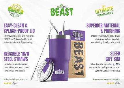 Beast 20 oz Tumbler Stainless Steel Vacuum Insulated Coffee Ice Cup Double Wall Travel Flask (Purple)