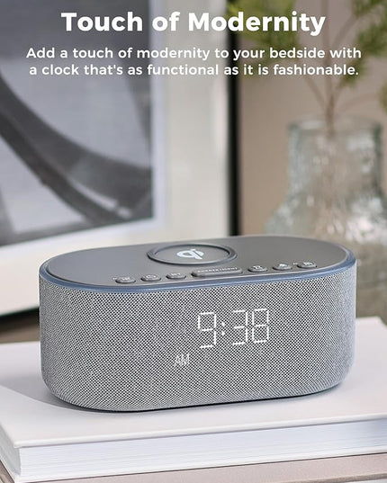 Wireless Charging Alarm Clock Radio: Qi Certified Fast Wireless Charger for iPhone Samsung - 10W Stereo Bluetooth Speaker - Dimmable Digital Clock with FM Radio for Bedroom Gray