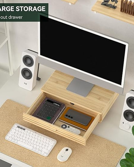 Bamboo Monitor Stand with Drawer - Desk Organizer with Cable Management & Storage, Ergonomic Laptop Riser for Home Office (220lbs Capacity, 15.7 inch ,Natural)