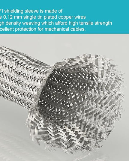 Tinned Copper Braided Cable Shielding Sleeve Metal Wire Loom Sheathing EMI RFI ESD Protector Grounding Mesh Flat Tubular Expandable 5/8" W(0.40" ID)-35FT