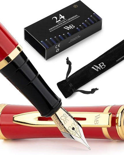 Wordsworth & Black Fountain Pen Set, 18K Gilded Medium Nib, Includes 24 Pack Ink Cartridges, Ink Refill Converter & Gift Pouch, Gold Finish, Calligraphy, [Crimson Red], Perfect for Men & Women