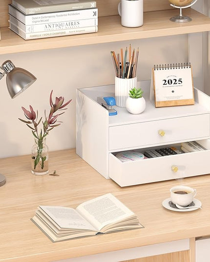 Bamboo Desk Organizer with Drawers Wooden Desktop Storage Drawers for Bills Office Supplies Kitchen Utensils Organizing Tool for Home Classroom Organization No Assembly (2 Drawers, White)