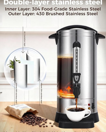 OSTBA 1500W Commercial Coffee Urn 100 Cup / 15L Large Percolator Coffee Pot, 304 Stainless Steel Double-Wall Hot Water Dispenser Electric Coffee Maker Fast Brewing for Catering, Parties & Events