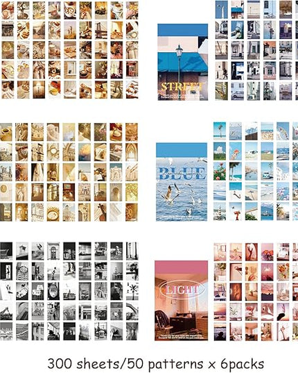 6 Sets 300 Pcs Washi Stickers Book for Journaling, Daily Scenery Life Stuff Travel Sricker Vintage Aesthetic Fashion Scrapbook Stickers Set for Bullet Journal Art Diary Craft Gifts Planner Notebook