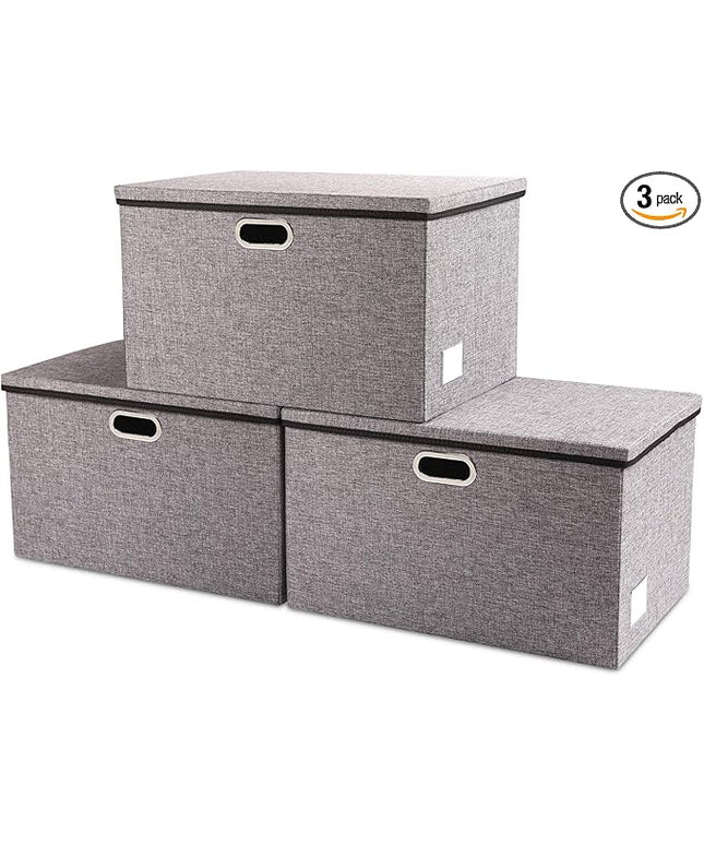 PRANDOM Extra Large Collapsible Storage Bins with Lids [3-Pack] Linen Fabric Foldable Storage Baskets Boxes Organizer Containers Cube with Cover for Bedroom Closet Office Nursery (22.8x15.75x13.8)