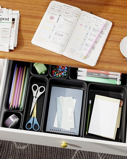 Giklux 45 Pack Desk Drawer Organizer Tray, 3 Sizes Plastic Drawers Organizer Storage for Kitchen, Bathroom, Office, Vanity, Makeup, Utensils, Junk Drawer Organizer Bins, Gadget Trays for Organizing.