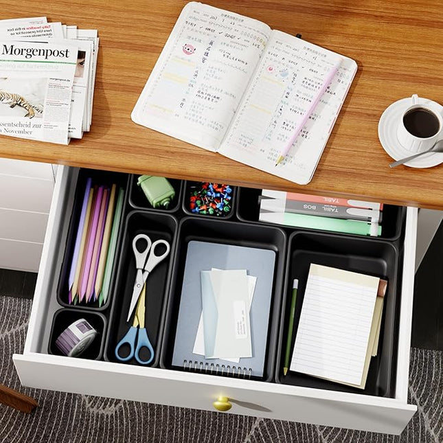 Giklux 45 Pack Desk Drawer Organizer Tray, 3 Sizes Plastic Drawers Organizer Storage for Kitchen, Bathroom, Office, Vanity, Makeup, Utensils, Junk Drawer Organizer Bins, Gadget Trays for Organizing.
