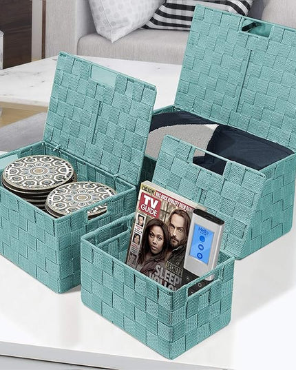 Sorbus Set of 3 Hand-Woven Storage Baskets with Lids – Decorative Wicker Organizers for Home, Closet, or Shelves (Aqua)