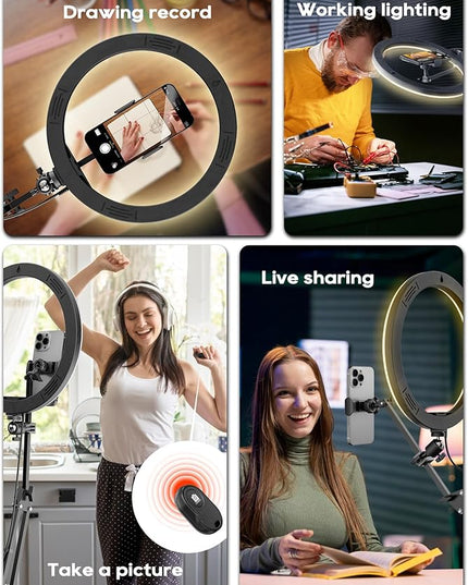 Upgrade Ring Light Overhead Phone Mount, 12”Circle LED Desk Ring Light with Clamp for Video Recording,Flexible Articulating Phone Arm Stand Compatible with iPhone,Live Streaming YouTube Tiktok