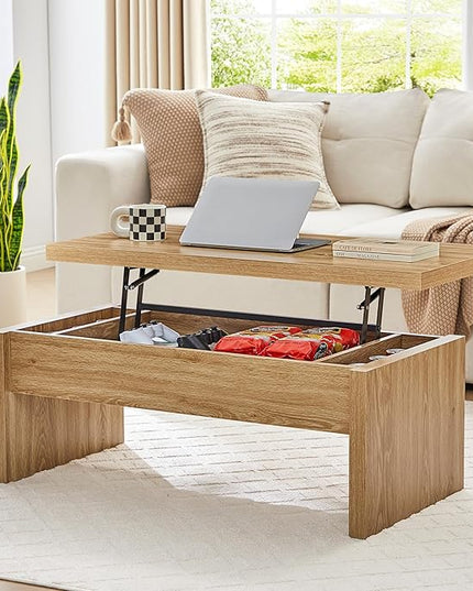 Small Lift Top Coffee Table, Wood Rectangle Coffee Table with Lifting Top and Hidden Storage Compartment, Mid Century Modern Center Tables for Small Space, Living Room, Office (Natural)