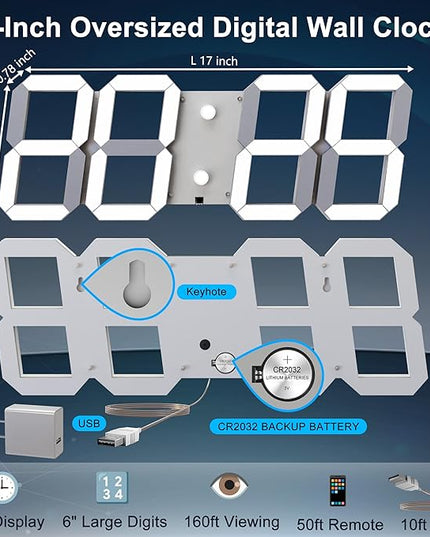3D Digital Wall Clock 17" with Remote Control,Led Clock Adjustable Brightness Timer 12/24 Hr Time/Date/Temperature for Living Room/Office/Restaurant