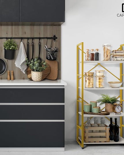 CAPHAUS 4 Tier Bookshelf, Bookcase Shelf Storage Organizer, Living Room, Kitchen, 24 Inch Width Free Standing Shelf, Industrial Book Shelves for Home Office, White Wooden Shelves & Gold Frame