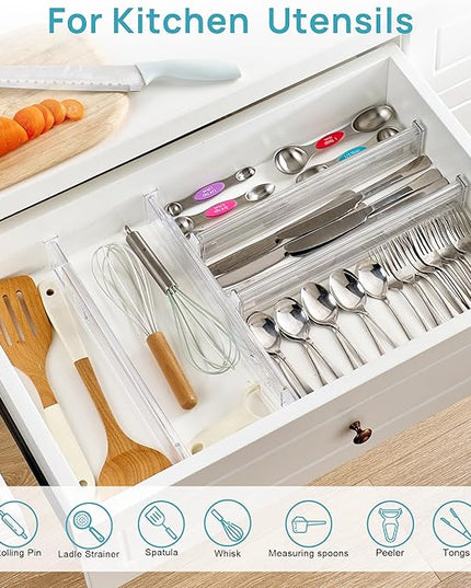 Vtopmart 4 Pack 2.36" Short Upgrade Drawer Dividers for Kitchen Drawer, 12.8"-22.3" Expandable Kitchen Drawer Organizer, Clear Plastic Organizer Separator for Flatware, Utensil, Cutlery, Underwear