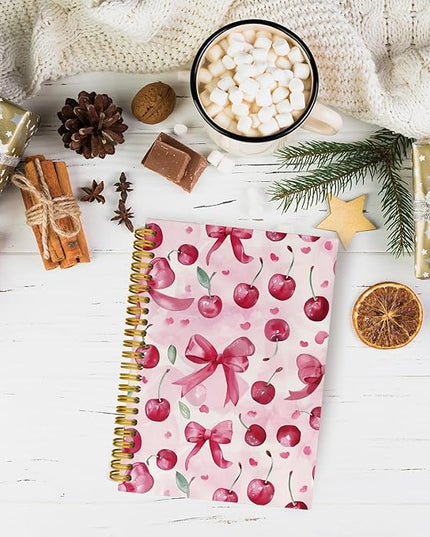 JKMBN Trendy Coquette Pink Bow Cherry Journaling Notebooks, Preppy Spiral Notebook, Cute Notebook Journal for Girls, Pink Office Supplies, Hardcover Spiral Lined Notebook 5.5 x 8.3