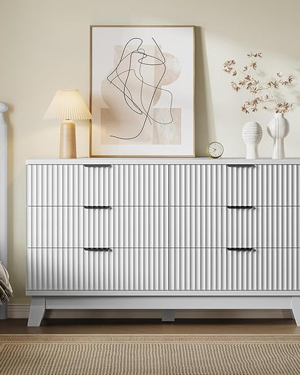 BORNOON 53" Long Dresser for Bedroom, 6-Drawer Dresser with Fluted Fronts, Wide Wood Chest of Drawers, Smooth Metal Slides, Stable Base, Modern Clothes Storage Cabinet for Living Room, Hallway