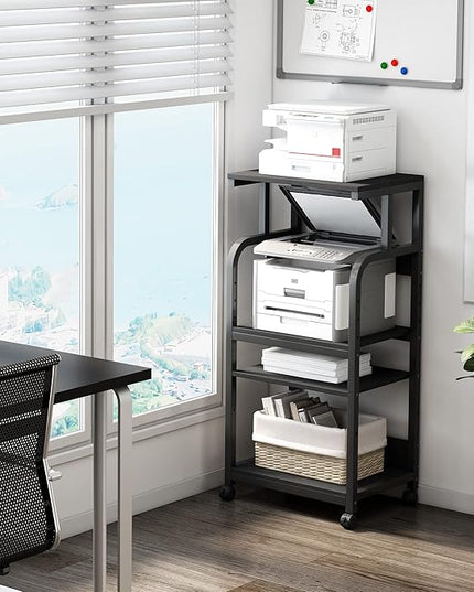 Printer Stand with Adjustable Shelf, 4 Tier Large Tall Printer Table with Wheels for Home Office Storage and Organization, Rolling Stand Cart for Computer Tower CPU Shredder, Black