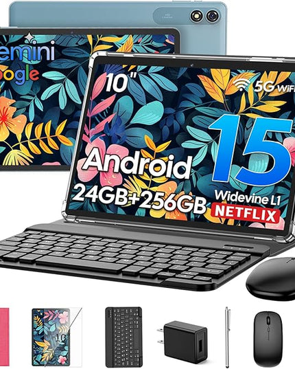 Suicoey 2026 Android 15 Tablet with Keyboard, 24GB RAM + 256GB ROM (2TB Expand), 10 inch Tablet with Gemini AI, Octa-Core, 8000mAh, Widevine L1, 2 in 1 Tablets with Case, Mouse, Stylus(Pink Case)