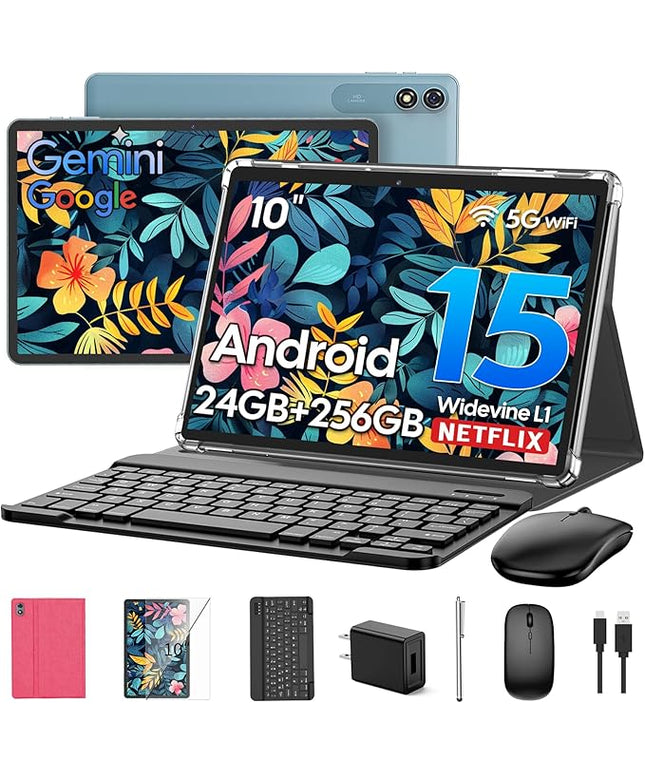 Suicoey 2026 Android 15 Tablet with Keyboard, 24GB RAM + 256GB ROM (2TB Expand), 10 inch Tablet with Gemini AI, Octa-Core, 8000mAh, Widevine L1, 2 in 1 Tablets with Case, Mouse, Stylus(Pink Case)