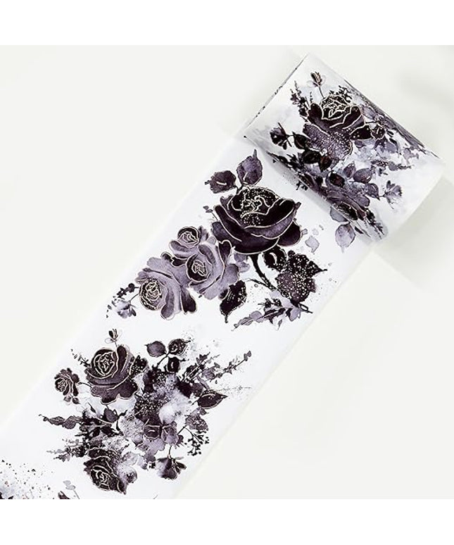 WT Rose Noir Wide Washi Tape Gilded, Single Roll, Original Designs, Black Flower Gold Foil Decors, Journal Scrapbook Bujo Planner DIY Crafts Supplies Gifts, Vintage Floral Adhesive Tape
