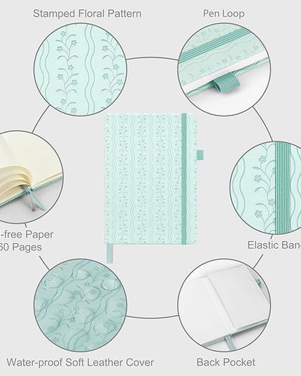 &And Per Se Dotted Journal Notebook for Women&Men with Pattern, A5 Leather Hardcover, 160 Pages 100GSM Thick Dotted Paper, 3 Sheets of Stickers Included(Light Blue)