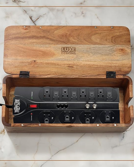 Large Cable Management Box - Acacia Wood - Cable Organizer Box and Power Strip Box for Electrical Cord Management - Hide Desk Cord and Floor Cables - Wire Storage and Organization for Cords