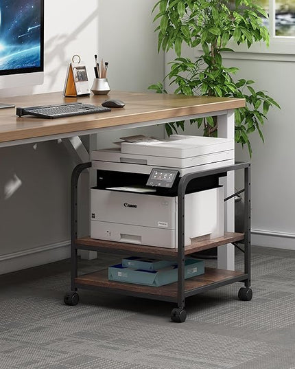 Under Desk Printer Stand, 20 Inches Deep Large Printer Table with Height Adjustable Storage Shelf, 2 Tier Rolling Printer Cart with Wheels for Home Office - Rustic Brown