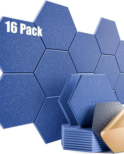 16 Pack Self-Adhesive Acoustic Panels 12" X 10" X 0.4" - Sound Proof Foam Panels for Wall with High Density, Hexagon Design, Flame Resistant, Absorb Noise and Eliminate Echoes(Sky Blue)