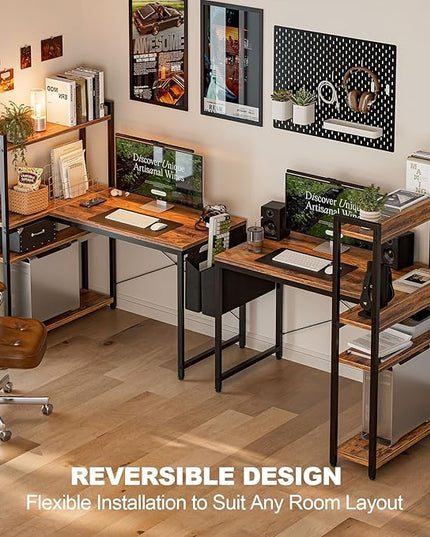 Grandder 40 Inch L Shaped Computer Desk with Reversible Storage Shelves, Home Office Corner Desk Study Writing Table with Hutch, Study, Rustic Brown