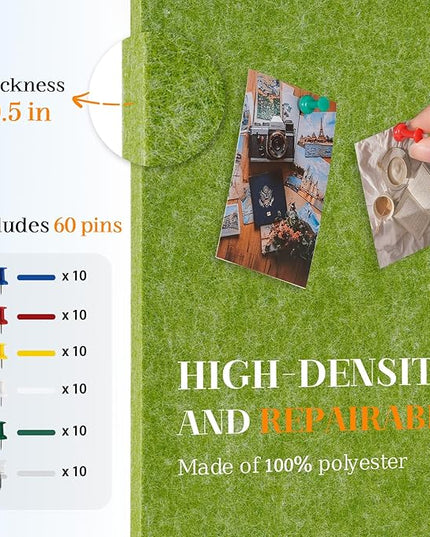 DOLLAR BOSS Felt Cork Board Tiles, 6 Packs 12" x 12" 1/2" Thick Cork Bulletin Board Self Adhesive Corkboards for Walls with 60 Pushpins for Home Office Kitchen School Decor Display, Green