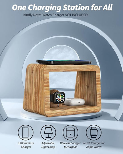 Bamboo Wireless Charging Station 4-in-1 Wireless Charger with Nightlght, Compatible with iPhone 17/16/15/14/13/12 Pro Max/X/Xs Max/8, AirPods 4/3/ & AirPods Pro3/2/1, Apple Watch Series