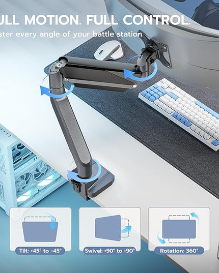 ARES WING Single Monitor Arm, Heavy Duty Adjustable Monitor Arm for 13"-49" Screens with USB, Gas Spring Desk Mount Stand with C Clamp/Grommet Mounting Base up to 40lbs Computer, Gray
