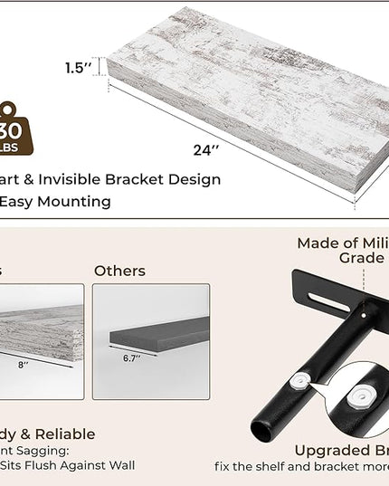 RICHFOCUS 24Inch Floating Shelves for Wall 2 Pack Shelves for Bedroom|Kitchen|Bathroom Wall Mounted Rustic Distressed Wood Floating Shelf with Invisible Brackets for Books|Storage|Decor, Rustic