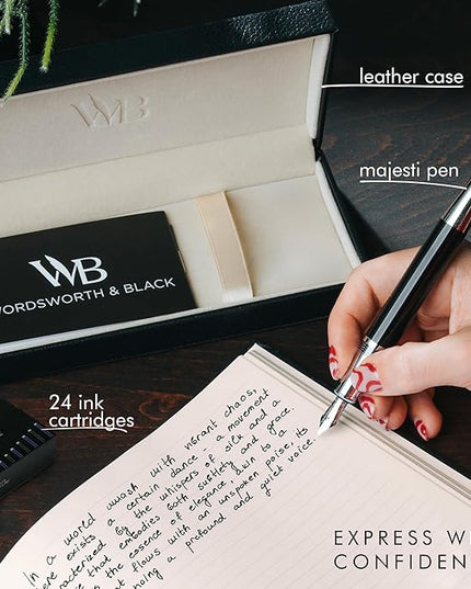 Wordsworth & Black Majesti Fountain Pen-(Black Chrome), Luxury Case, Stainless Steel; Medium Nib- Ink Cartridges, Refillable Ink Converter-Calligraphy Pen-Best Business Gift Set for Men & Women