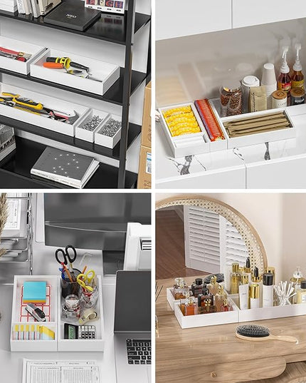 Bamboo Drawer Organizer, Narrow Silverware Organizer for Kitchen, Stackable Utensil Organizer, 2 Pcs Flatware Organizer for Drawer, Wooden Storage Box Tray (White, 12 X 3 X 2 Inch)