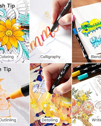Shuttle Art Dual Tip Brush Marker Pens, 25 Colors Water-based Ink, Fine and Brush Tip Marker Set with 1 Coloring Book for Kids Adult Artist Calligraphy Hand Lettering Journal Doodling Writing