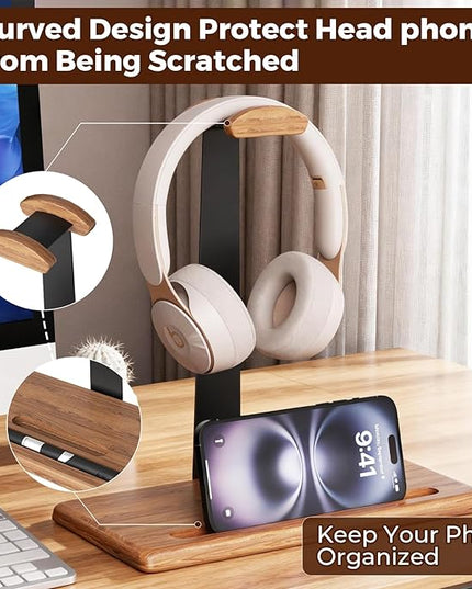 Walnut Headset Stand for Desk with Phone Holder | Headphone Stand Headphone Holder (Natural Wood)