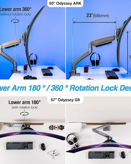 AVLT Single 17"-57" Super Ultrawide Monitor Arm for Screens Up to 59.5 lbs, Premium Aluminum Desk Stand, Adjustable Pneumatic Height, Full Motion Swivel Tilt Rotation, USB-C & USB-A Ports, Gray