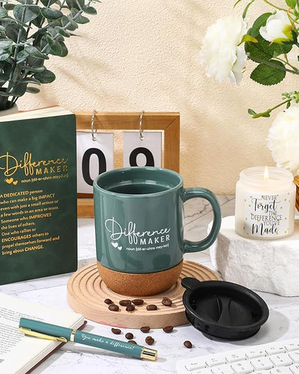4 Pcs Difference Maker Gift for Women Men Teacher Employee Appreciation Gift for Coworker Staff Coach Difference Maker Mug Notebook Scented Candle Motivational Ballpoint Pen for Valentines(Dark Green)